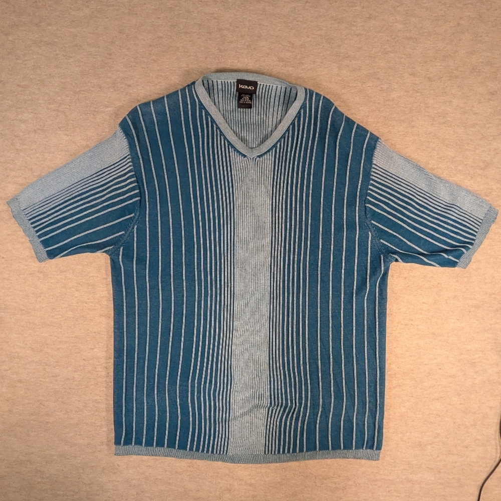 Silk & Cotton Deep Teal Blue Stripe Textured Short Sleeve Sweater VNeck Shirt XL